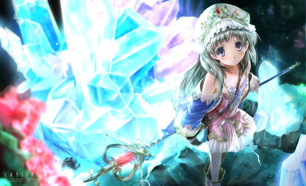 Anime picture 1350x821 with atelier (series) gust (company) totooria helmold scarlet (studioscr) single long hair wide image purple eyes bare shoulders silver hair girl dress hat staff crystal