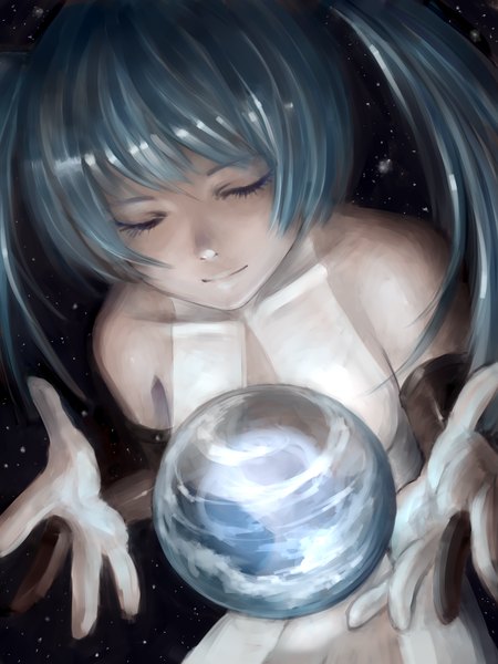 Anime picture 1200x1600 with vocaloid hatsune miku akubi (artist) single long hair tall image twintails bare shoulders blue hair cleavage eyes closed fantasy girl dress white dress star (stars) planet