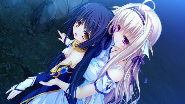 Anime picture 1920x1080 with kujiragami no tearstilla tenkawa mitsuki riru whale mikagami mamizu long hair highres open mouth black hair wide image purple eyes bare shoulders yellow eyes game cg ahoge white hair girl dress boy hair ornament hairband