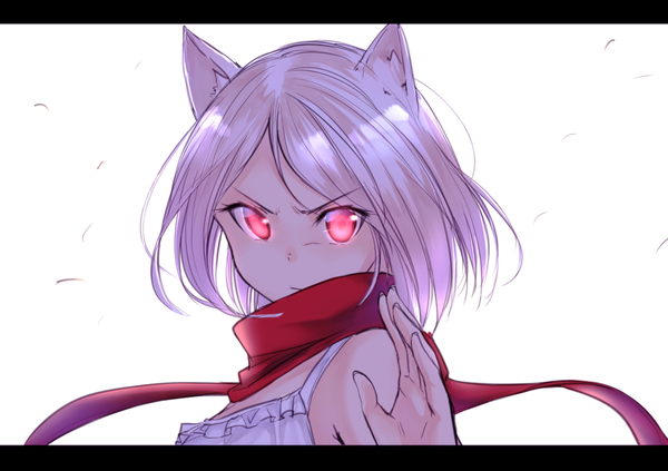 Anime picture 1200x846 with original suzunari arare yuki arare single looking at viewer short hair simple background red eyes white background bare shoulders animal ears pink hair upper body cat ears cat girl glowing letterboxed glowing eye (eyes) serious frown