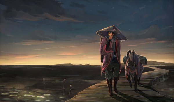 Anime picture 1480x874 with original nekome (zelmeledf2) single short hair black hair wide image sky cloud (clouds) traditional clothes shadow mountain lake boy hat animal scarf bridge goat