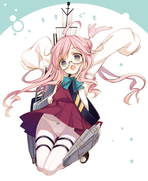 Anime-Bild 800x977 mit kantai collection makigumo destroyer yamucha single long hair tall image blush fringe open mouth light erotic twintails pink hair full body ahoge long sleeves grey eyes hair bun (hair buns) spread arms jumping girl