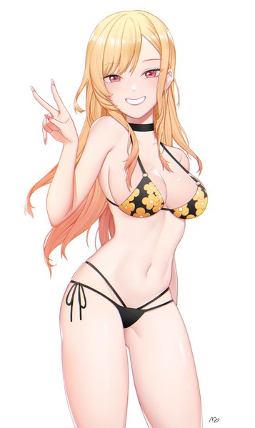 Anime picture 1500x2521 with sono bisque doll wa koi wo suru cloverworks kitagawa marin himing single long hair tall image looking at viewer blush fringe breasts light erotic simple background blonde hair smile red eyes standing white background signed full body