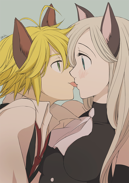 Anime picture 800x1131 with nanatsu no taizai a-1 pictures elizabeth liones meliodas harumiya long hair tall image blush fringe short hair breasts blue eyes simple background blonde hair hair between eyes bare shoulders green eyes signed animal ears upper body