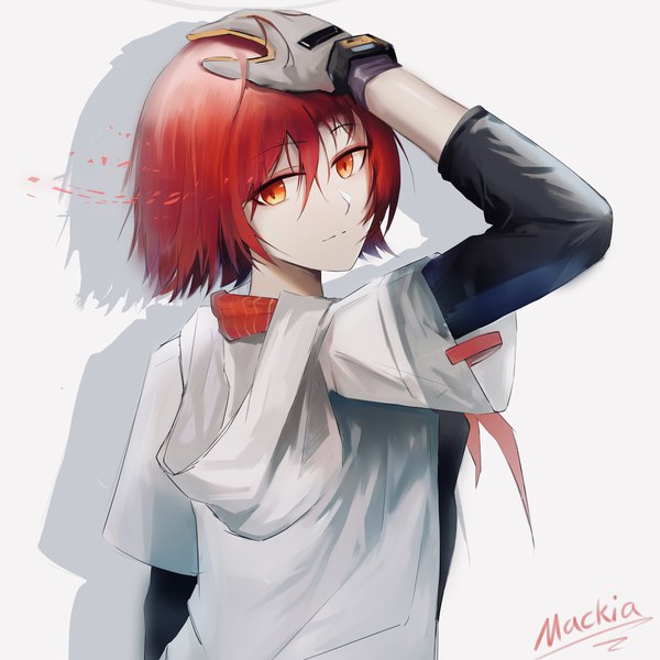 Anime picture 3836x3836 with arknights exusiai (arknights) mackia single looking at viewer fringe highres short hair hair between eyes white background signed absurdres upper body red hair shadow orange eyes hand on head girl gloves hood
