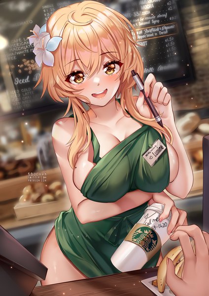 Anime picture 884x1250 with genshin impact starbucks lumine (genshin impact) squchan long hair tall image looking at viewer blush fringe breasts open mouth light erotic blonde hair smile hair between eyes standing holding signed yellow eyes indoors