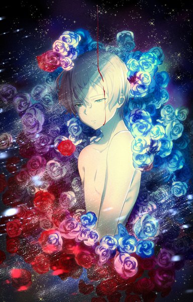 Anime picture 960x1500 with sword art online a-1 pictures eugeo (sao) fcc single tall image fringe short hair hair between eyes green eyes upper body white hair parted lips looking down blood on face shirtless boy flower (flowers) rose (roses) blood