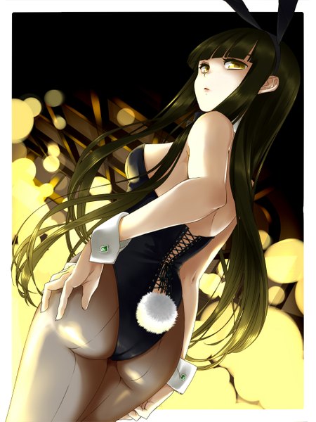 Anime picture 1000x1333 with original chito04 single long hair tall image fringe light erotic black hair standing bare shoulders animal ears yellow eyes looking away ass tail animal tail looking back bunny ears bunny girl bunny tail