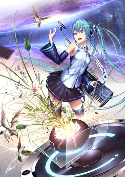 Anime picture 778x1100 with vocaloid hatsune miku oki (koi0koi) single tall image open mouth blue eyes twintails very long hair aqua hair girl thighhighs skirt flower (flowers) black thighhighs detached sleeves miniskirt animal necktie headphones