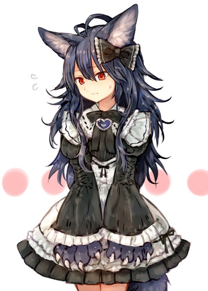 Anime picture 1036x1449 with shingeki no bahamut fenrir (shingeki no bahamut) suke single long hair tall image blush fringe simple background hair between eyes red eyes standing white background animal ears payot blue hair looking away ahoge tail animal tail