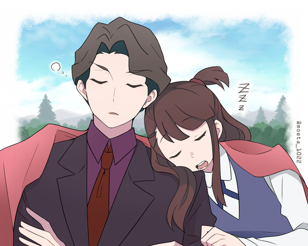 Anime picture 1234x986 with little witch academia studio trigger kagari atsuko andrew hanbridge nakajima asuka long hair short hair open mouth brown hair eyes closed couple crossed arms sleeping head on another's shoulder girl boy uniform plant (plants) school uniform tree (trees)