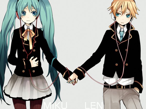 Anime picture 1000x750 with vocaloid hatsune miku kagamine len tama (songe) long hair blush short hair simple background blonde hair twintails nail polish aqua eyes aqua hair grey background couple holding hands hand in pocket girl boy pantyhose