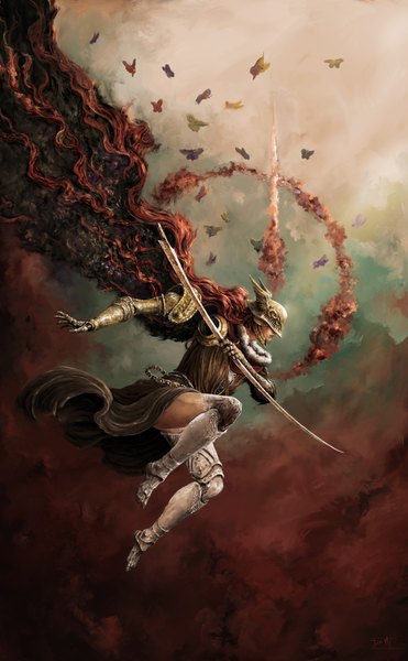 Anime picture 3900x6300 with elden ring malenia blade of miquella mrrobodaddy single tall image highres holding absurdres full body bent knee (knees) red hair very long hair girl weapon insect butterfly helmet prosthesis blade