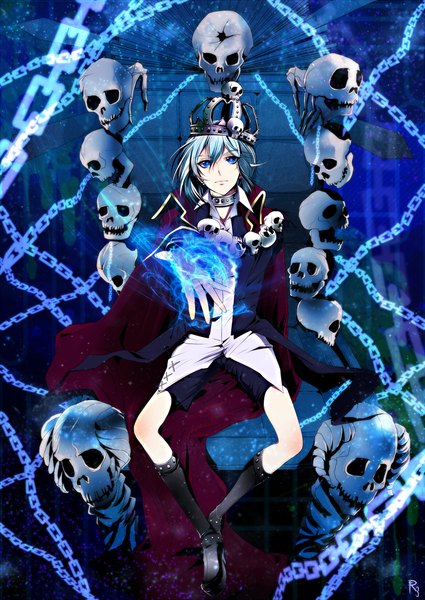Anime picture 1400x1976 with code: breaker code emperor kinema citrus cougar rumi23 (artist) single tall image looking at viewer short hair blue eyes sitting signed blue hair horn (horns) light smile aqua hair magic open collar boy earrings