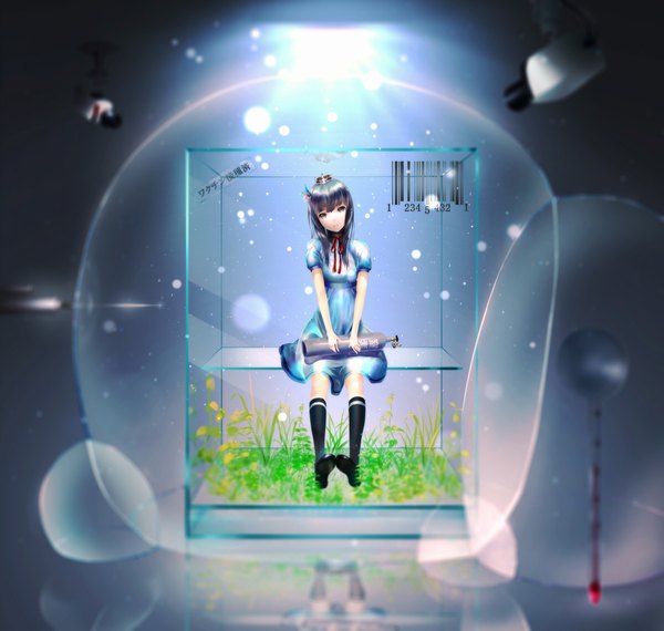 Anime picture 2000x1900 with original oki (koi0koi) single long hair looking at viewer highres sitting silver hair snowing silver eyes girl dress hair ornament flower (flowers) socks shoes black socks bubble (bubbles) camcorder
