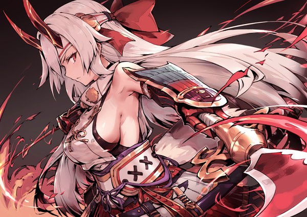 Anime picture 1400x990 with fate (series) fate/grand order tomoe gozen (fate) haoni single long hair looking at viewer breasts light erotic red eyes large breasts holding payot silver hair traditional clothes japanese clothes profile horn (horns) dutch angle side ponytail