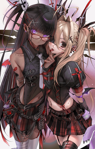 Anime picture 3202x5000 with original lilith (unxi) miu (unxi) unxi long hair tall image looking at viewer blush fringe highres light erotic black hair blonde hair smile standing purple eyes twintails multiple girls payot absurdres