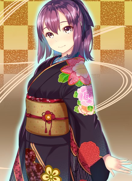 Anime picture 1280x1748 with original kagematsuri single tall image looking at viewer fringe short hair hair between eyes purple eyes purple hair traditional clothes japanese clothes seigaiha girl ribbon (ribbons) hair ribbon kimono obi