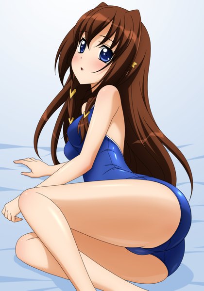 Anime picture 3273x4678 with uta-kata tachibana ichika wave ride single long hair tall image blush fringe highres breasts blue eyes light erotic brown hair absurdres ass on side girl swimsuit