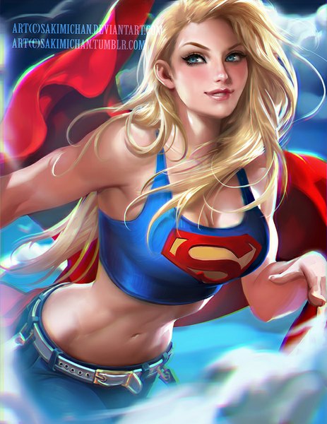 Anime picture 695x900 with dc comics supergirl sakimichan long hair tall image breasts open mouth blue eyes blonde hair smile bare shoulders sky cloud (clouds) realistic bare belly watermark flying superhero girl navel