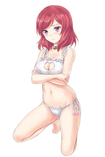 Anime picture 750x1120 with love live! school idol project sunrise (studio) love live! nishikino maki kotanu (kotanukiya) single tall image looking at viewer blush fringe short hair breasts light erotic simple background white background sitting purple eyes bare shoulders payot cleavage