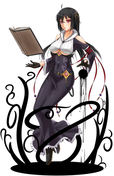 Anime picture 1360x2100 with original midnight (artist) single long hair tall image blush fringe breasts black hair simple background red eyes white background girl dress gloves black gloves book (books)