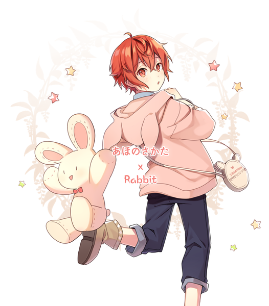 Anime picture 876x1000 with nico nico singer urashimasakatasen aho no sakata sal single tall image looking at viewer blush fringe short hair hair between eyes red eyes standing ahoge bent knee (knees) red hair character names standing on one leg animal hood boy