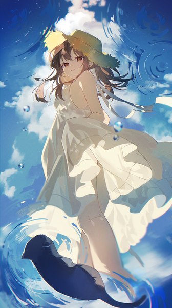 Anime picture 2151x3840 with original omutatsu single long hair tall image looking at viewer fringe highres brown hair standing brown eyes sky cloud (clouds) outdoors sleeveless reflection pov ripples female pov girl