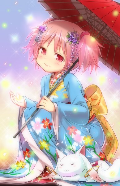 Anime picture 800x1236 with mahou shoujo madoka magica shaft (studio) kaname madoka kyuubee kyubey kl single tall image looking at viewer blush short hair smile twintails pink hair traditional clothes japanese clothes pink eyes short twintails squat girl