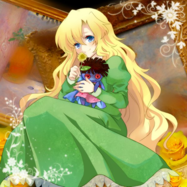 Anime picture 900x900 with ib (game) mary (ib) mushi baibai single long hair looking at viewer fringe blue eyes blonde hair smile hair between eyes sitting holding payot head tilt puffy sleeves frilled dress girl dress flower (flowers)
