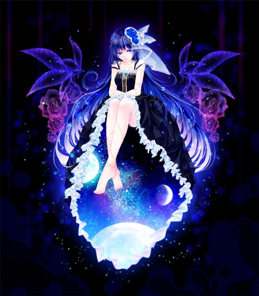 Anime picture 1670x1909 with mokoppe single tall image looking at viewer blue eyes sitting blue hair very long hair barefoot tattoo starry sky print space print girl dress hair ornament flower (flowers) frills insect butterfly moon