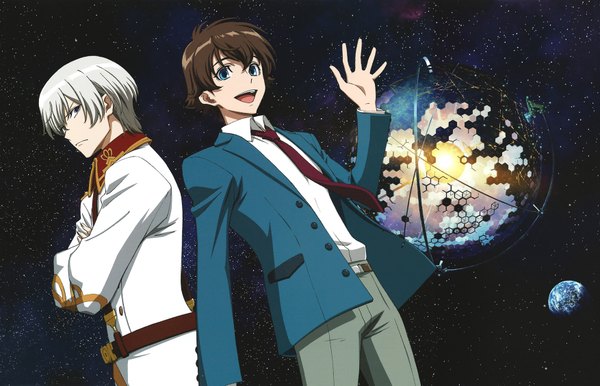 Anime picture 1754x1129 with kakumeiki valvrave sunrise (studio) l-elf karlstein tokishima haruto looking at viewer fringe highres short hair open mouth blue eyes smile brown hair purple eyes sky grey hair scan official art multiple boys crossed arms space