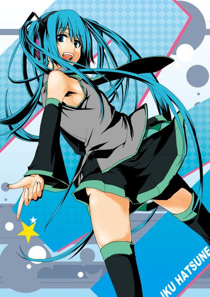 Anime picture 1075x1519 with vocaloid hatsune miku ask02 single long hair tall image open mouth twintails looking back aqua eyes aqua hair girl thighhighs ribbon (ribbons) detached sleeves necktie