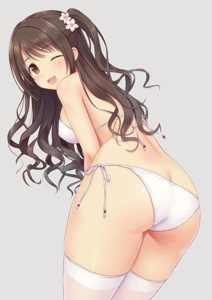 Anime picture 1000x1414 with idolmaster idolmaster cinderella girls shimamura uzuki n.g. single long hair tall image looking at viewer blush fringe breasts open mouth light erotic simple background smile brown hair brown eyes ass :d one eye closed