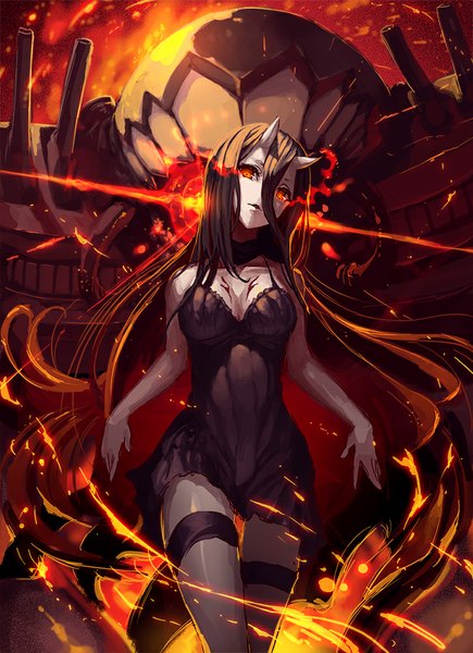 Anime picture 725x1000 with kantai collection battleship-symbiotic hime tech chimera single tall image looking at viewer fringe black hair hair between eyes red eyes very long hair parted lips head tilt horn (horns) teeth crossed legs glowing glowing eye (eyes) pale skin walking