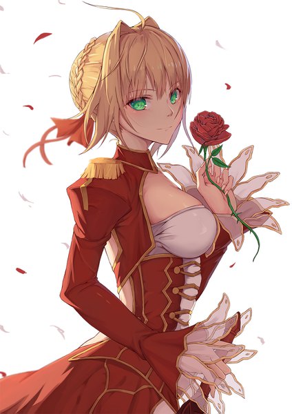 Anime picture 1000x1415 with fate (series) fate/grand order nero claudius (fate) (all) nero claudius (fate) rafael-m single tall image looking at viewer fringe short hair breasts simple background blonde hair smile hair between eyes standing white background holding green eyes cleavage