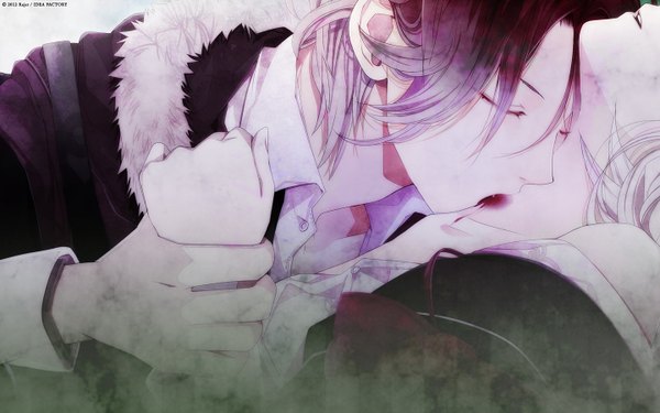 Anime picture 1440x900 with diabolik lovers idea factory komori yui sakamaki raito short hair wide image purple hair white hair eyes closed grey hair teeth fang (fangs) couple holding hands open collar steam vampire bite girl boy