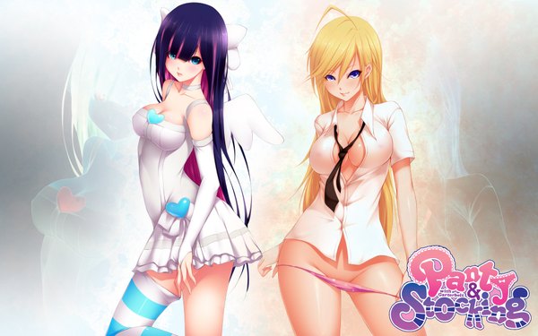 Anime picture 1920x1200 with panty & stocking with garterbelt anarchy stocking anarchy panty shokuyou mogura long hair highres blue eyes light erotic blonde hair wide image purple eyes multiple girls purple hair multicolored hair two-tone hair undressing colored inner hair girl thighhighs gloves