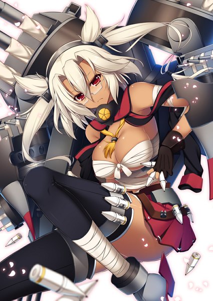 Anime picture 800x1130 with kantai collection musashi super battleship raiou single long hair tall image looking at viewer breasts light erotic red eyes large breasts twintails white hair dark skin girl thighhighs gloves hair ornament weapon black thighhighs