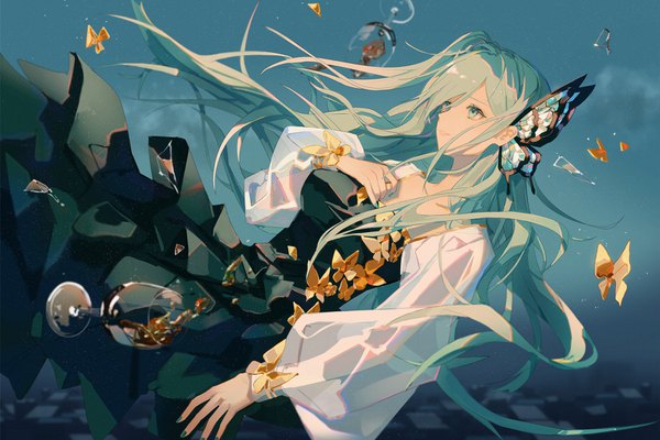 Anime picture 1500x1000 with vocaloid synthesizer v cangqiong lirseven single long hair green eyes looking away green hair wind hand on chest girl hair ornament transparent clothing butterfly hair ornament wine glass debris