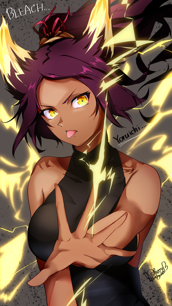 Anime picture 972x1728 with bleach studio pierrot shihouin yoruichi hiragana sherry single long hair tall image looking at viewer purple hair upper body ponytail grey background copyright name sleeveless character names dark skin electricity girl tongue turtleneck
