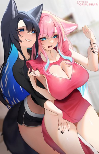 Anime picture 3300x5100 with original reiko (tofuubear) reika (tofuubear) tofuubear long hair tall image fringe highres breasts open mouth blue eyes light erotic black hair smile hair between eyes large breasts standing multiple girls signed animal ears