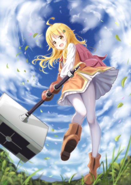 Anime picture 2000x2829 with level 1 dakedo unique skill de saikyou desu emily brown fluno single long hair tall image highres open mouth blonde hair yellow eyes sky cloud (clouds) full body ahoge outdoors :d from below girl weapon plant (plants)