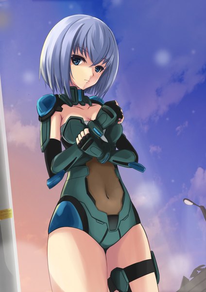 Anime picture 2480x3507 with date a live tobiichi origami zxhautumn single tall image looking at viewer fringe highres short hair breasts blue eyes light erotic hair between eyes standing blue hair sky cleavage cloud (clouds) outdoors bare belly