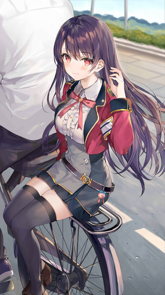Anime picture 1152x2048 with girl cafe gun shi wuxia momoko (momopoco) long hair tall image looking at viewer blush fringe smile hair between eyes red eyes brown hair sitting outdoors long sleeves arm up wind zettai ryouiki head out of frame double buttons