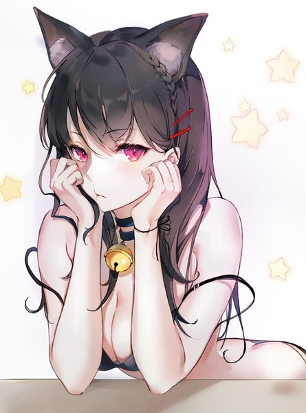 Anime picture 1000x1348 with original emyo single long hair tall image looking at viewer blush fringe breasts light erotic black hair hair between eyes bare shoulders animal ears cleavage upper body braid (braids) pink eyes cat ears strap slip