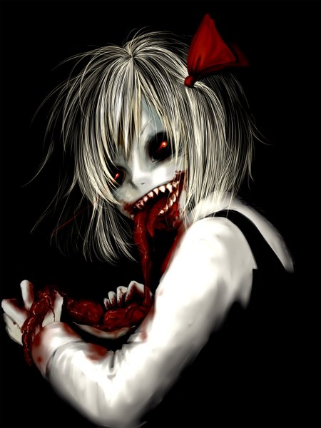 Anime-Bild 1125x1500 mit touhou rumia sakurai haruto single tall image short hair open mouth simple background red eyes white hair looking back teeth black background sharp teeth monster girl guro girl tongue blood