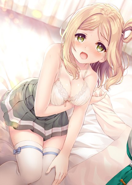 Anime picture 805x1125 with love live! sunshine!! sunrise (studio) love live! ohara mari komone ushio single long hair tall image looking at viewer blush fringe breasts open mouth light erotic blonde hair sitting green eyes cleavage indoors pleated skirt