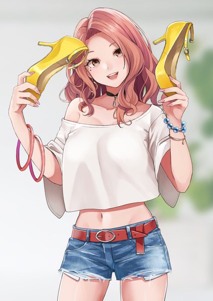 Anime picture 1450x2048 with original retsuna single long hair tall image looking at viewer open mouth smile brown hair standing holding brown eyes head tilt :d off shoulder mole short sleeves midriff high heels mole under eye