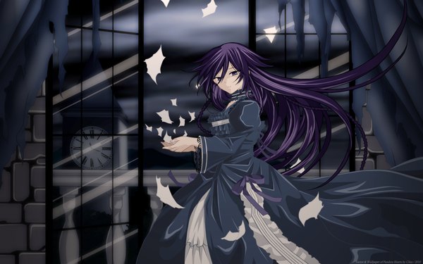 Anime picture 1920x1200 with pandora hearts xebec alice (pandora hearts) cilou (artist) long hair highres wide image purple hair girl dress window curtains